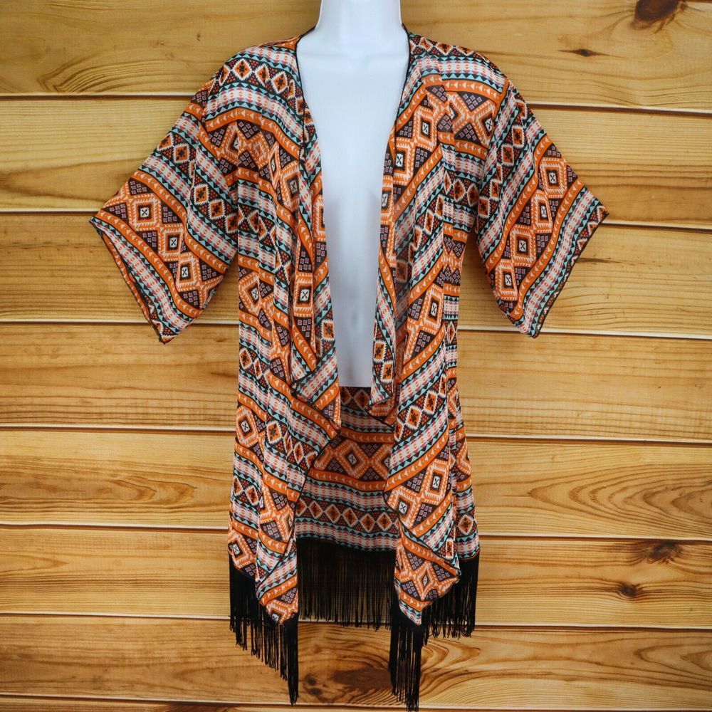 LuLaRoe Open Front Tunic Top Women Size S Orange Black Geometric Sheer Polyester